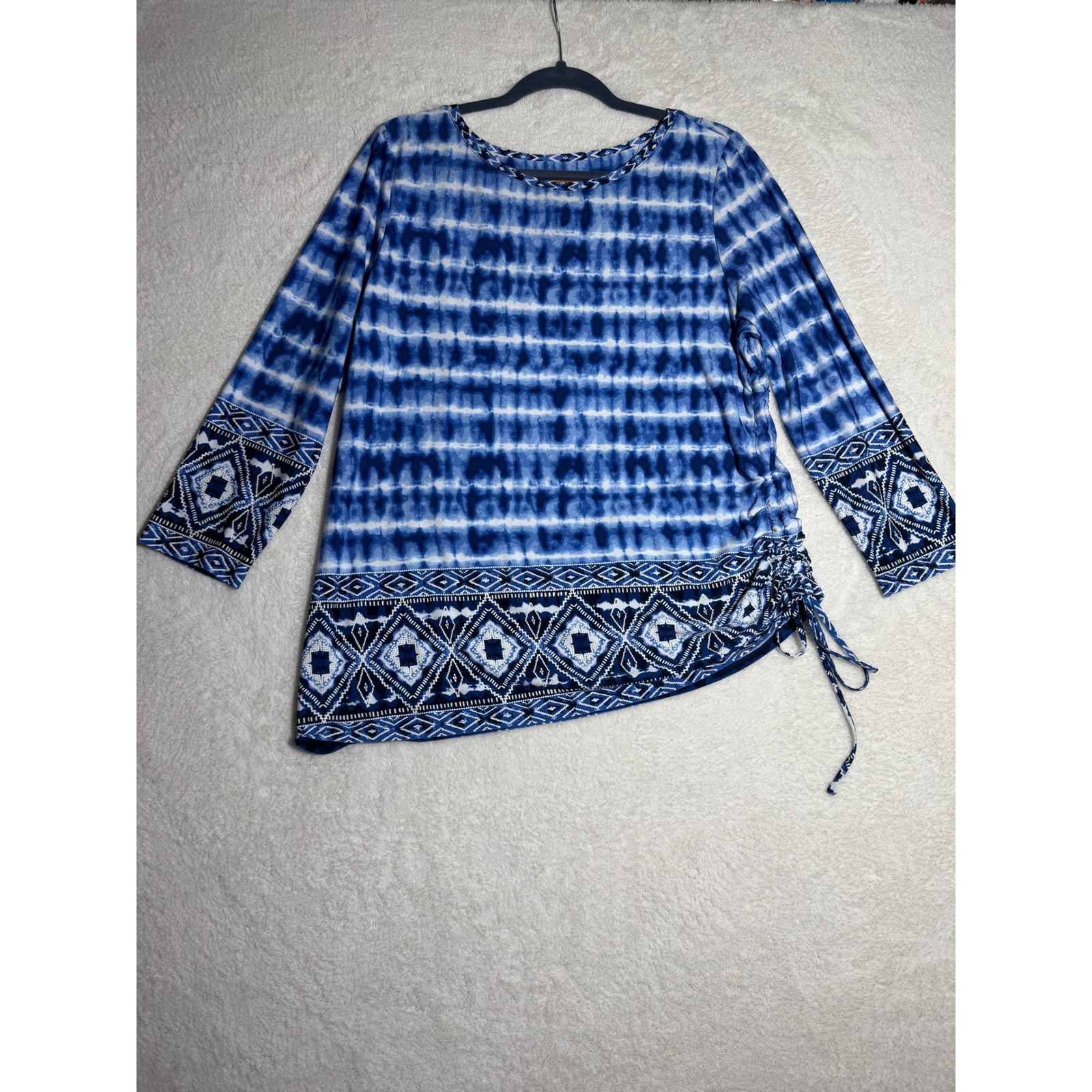 Ruby Rd Tunic Top Women Large Blue Tie Dye Geometric Excellent Side Cinch Boho